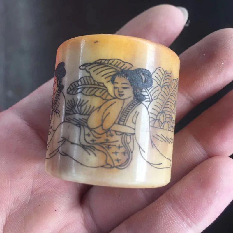 Antique Cow Bone Carving Of A Man And A Beauty With Heart Sutra Engraved On It, Finger Ring