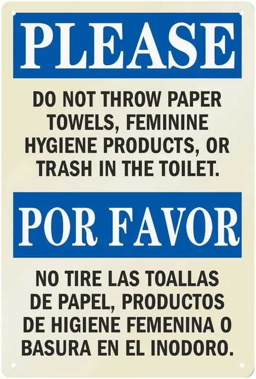 8x12 IN Metal Sign Please Do Not Throw Paper Towels, Feminine Hygiene Products, Or Trash In The Toilet Bilingual Sign | Tin Sign