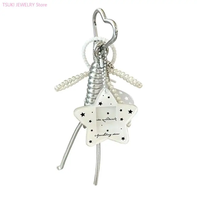 62KE Trendy Star Shaped Keychain For Bags And Backpacks Alloy Beaded Pearls Acrylic Bag Decoration In 4 Colors