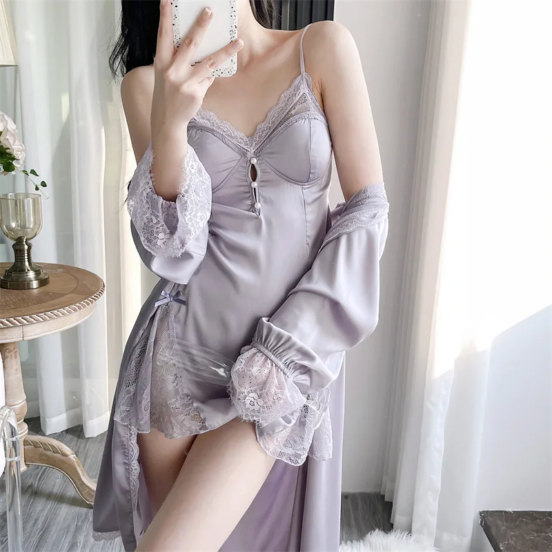 Spring Summer Silk Satin Nightwear Sexy Lace Suspender Nightgown Female Nighty&robe Set Sleepwear Bathrobe Loose Home Dress