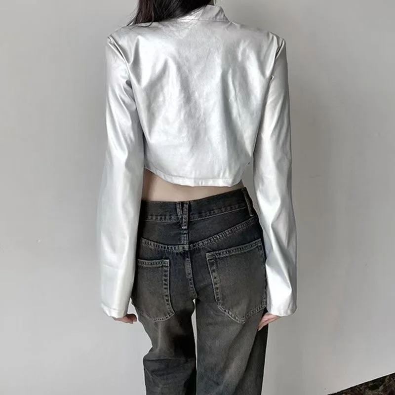 Amerykańska funkcjonalna kurtka cargo z zamkiem błyskawicznym, wykonana ze skóry PU, damska, krótka, dopasowana, streetwearowa, edgy, krótki płaszcz, moda Y2K punk.