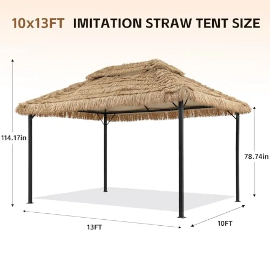 Feet Outdoor Tiki Gazebo with Double-Layer Thatched Canopy, UV-Protection, Water-Resistant, Sturdy Aluminum Frame, Patio Shade