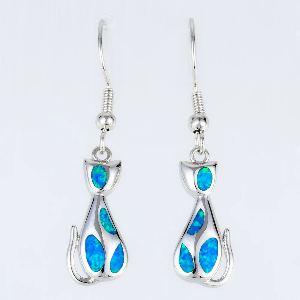 KONGMOON Kitten Cat Ocean Blue Fire Opal Jewelry for Women Dangle Drop Earrings