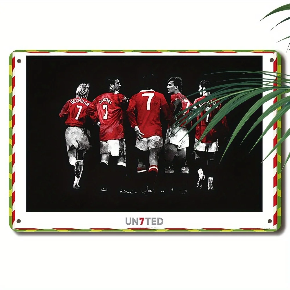 Grand No.7 Old Trafford Metal Sign - Vintage Soccer Art Poster Featuring United Players with Red Jerseys & Number 7, Durable  Wa