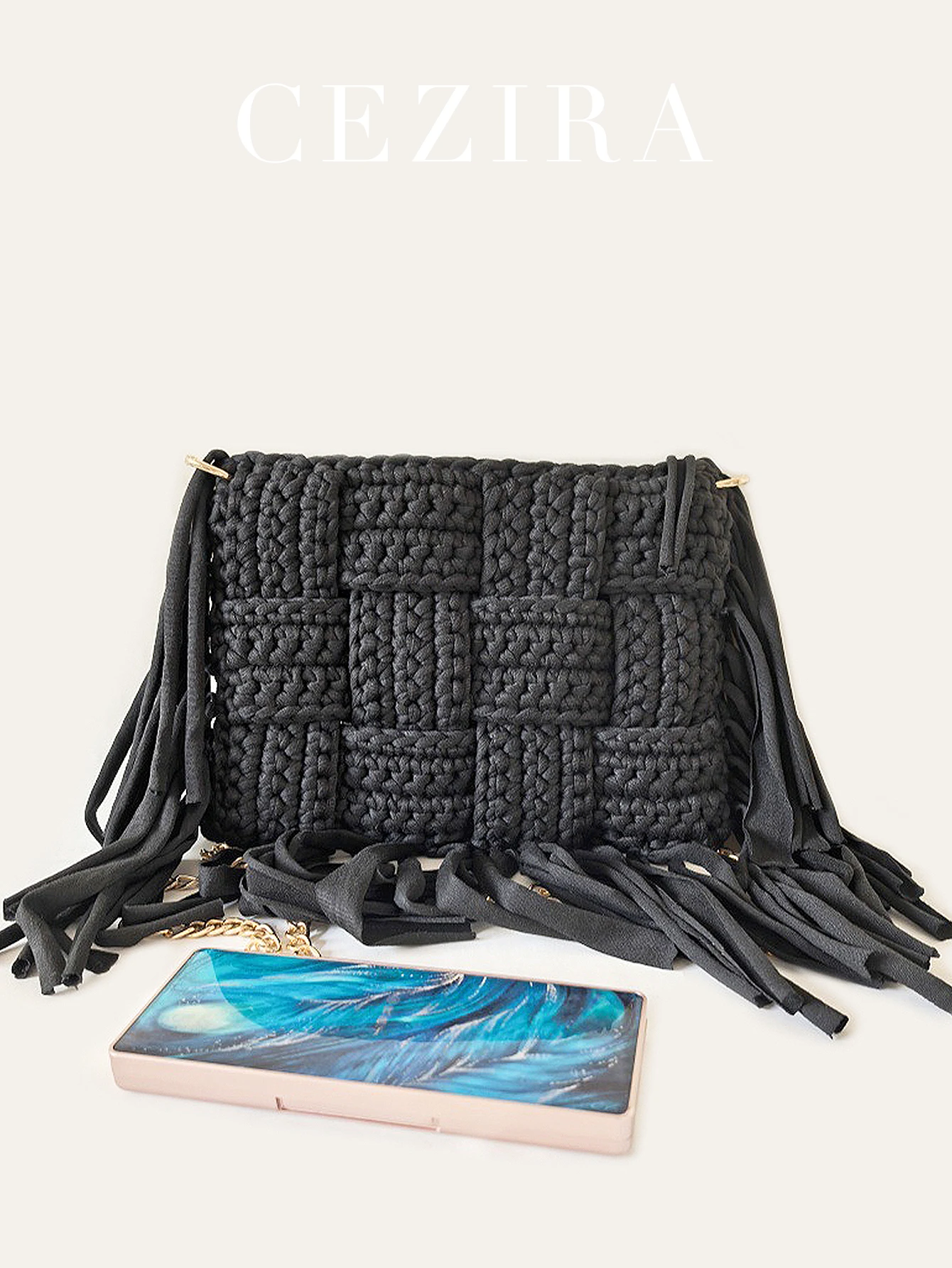 CR Women Tassel Cloth Strip Hand Braided Crossbody Bag Ocean Element Pendants Decoration Long Chain Purse Vacation Daily Travel