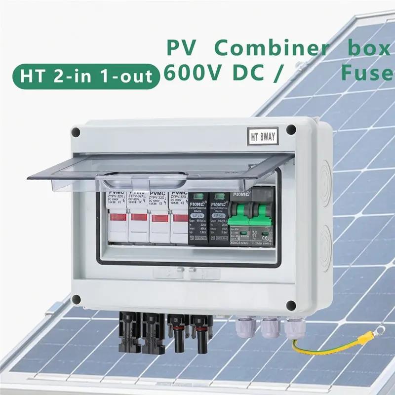Waterproof IP65 2 In 1 Out DC 600V 15A Solar Photovoltaic PV Combiner Box With Surge Protector SPD Fuse MCB Lightnin