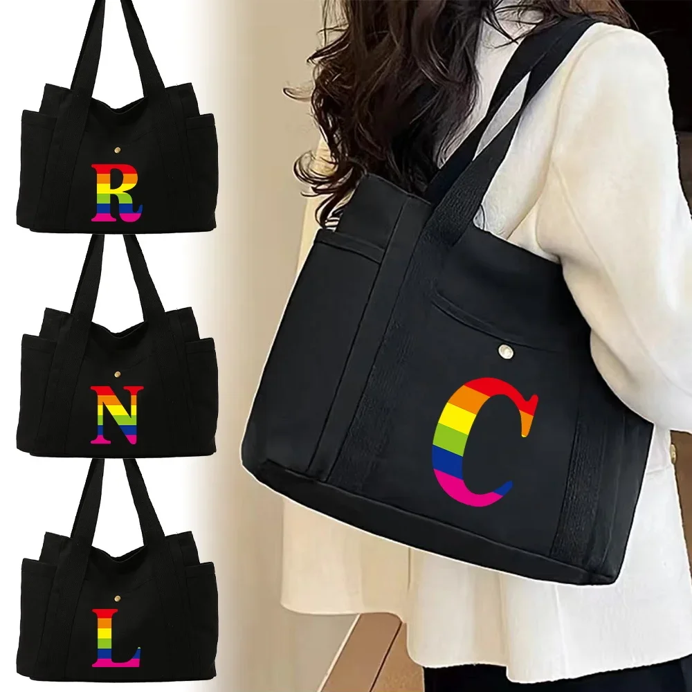 Tote Bag Handbag for Women's Aesthetic Travel Organizers Bag Versatile Rainbow Printing Series Commuting Shoulder Bag