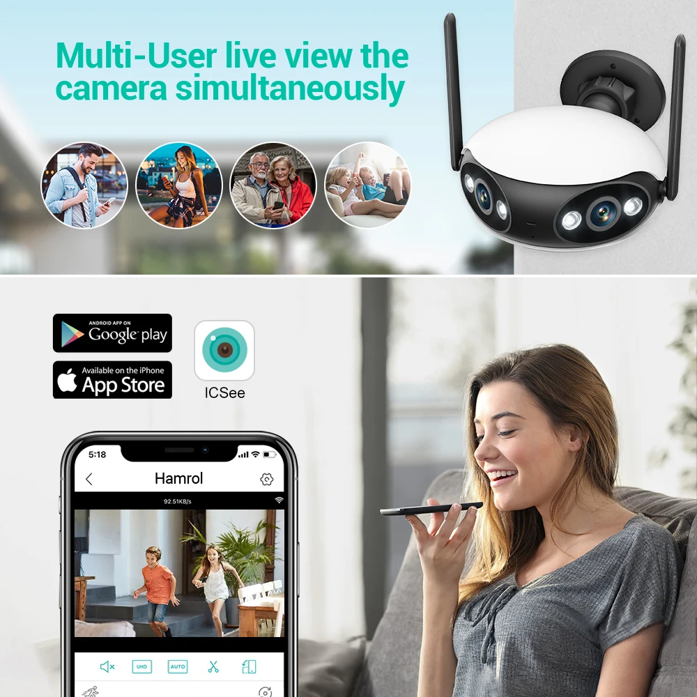 8MP 4K Dual Lens wide angle 180° Wifi IP Camera Outdoor Human Detect Ultra Wide View 4MP Color Night Vision Surveillance Camera