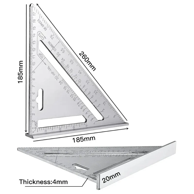 7 Inch Carpentry Triangle Ruler Aluminum Alloy Angle Measuring Tool for Framing Roofing and Woodworking Layout