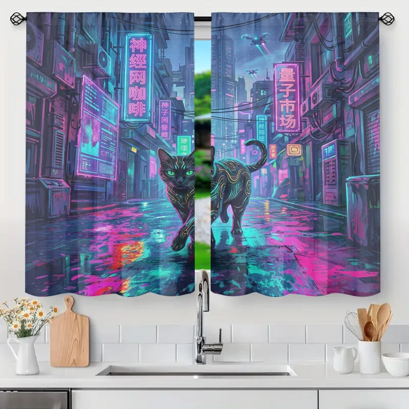 Cyberpunk Neon City Curtains Anime Style Window Treatment Pop Art Futuristic Loft Decoration Curtain Panel