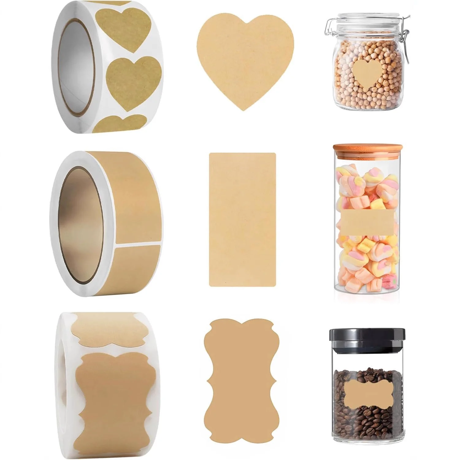1010PCS Self Adhesive Kraft Paper Labels, 3 Rolls Assorted Sizes Stickers for Kitchen, Gift Packaging, Envelopes and DIY Project