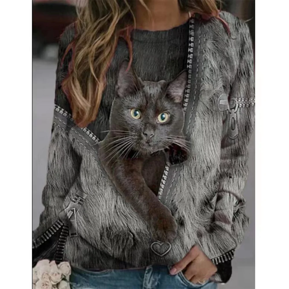 Kawaii Cat Women\'s T Shirt 3D Print Casual Long Sleeve Tees Oversized Harajuku Sweater Clothing Daily Blouse Female Loose Tops