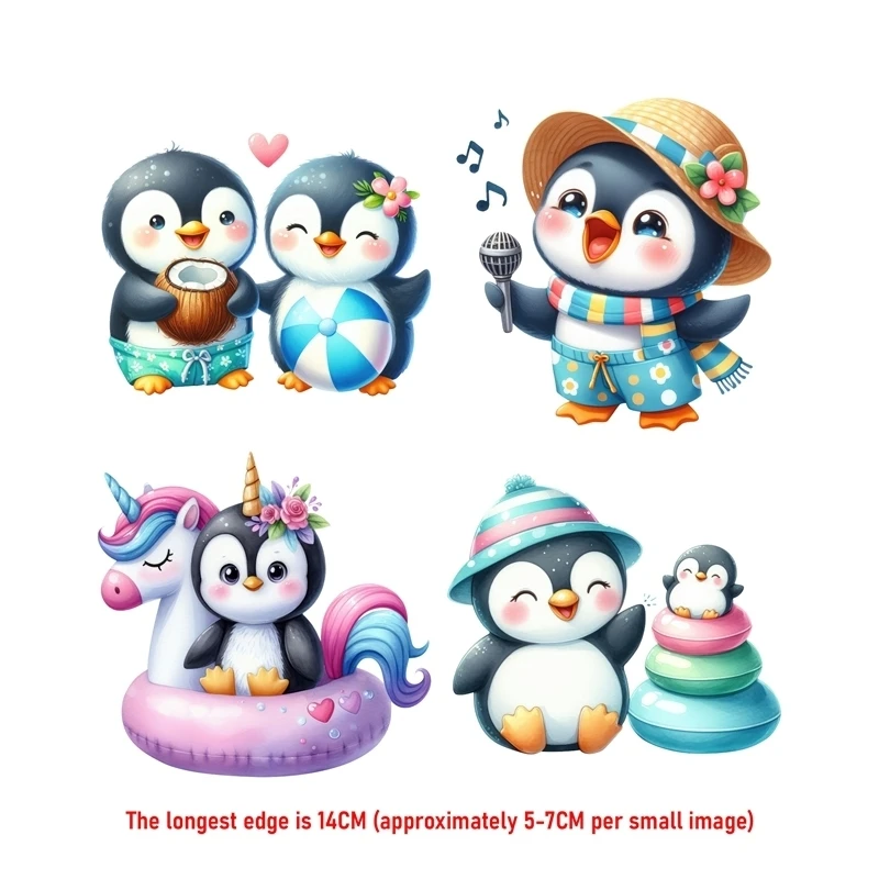 Cartoon Swimming Circle Penguin Iron On Heat Transfer Stickers For Clothes DTF Vinyl Thermal Appliques Washable T-Shirt Deca