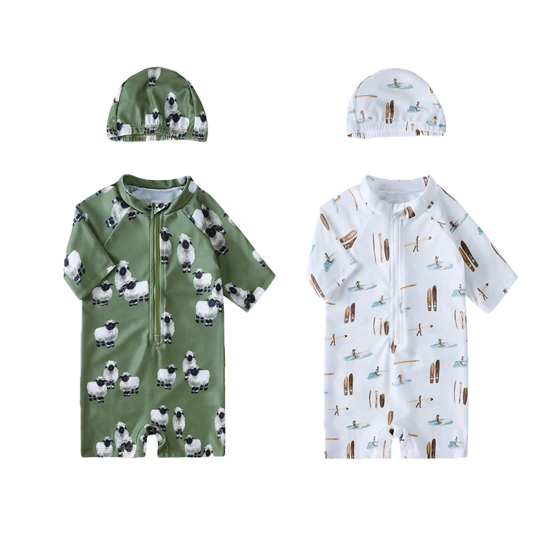 

Children One-piece Swimsuit Boy Girl Sun Protection Quick Dry Cute Seaside Vacation Swimwear Swimming Cap Baby Clothes 1-8 Years