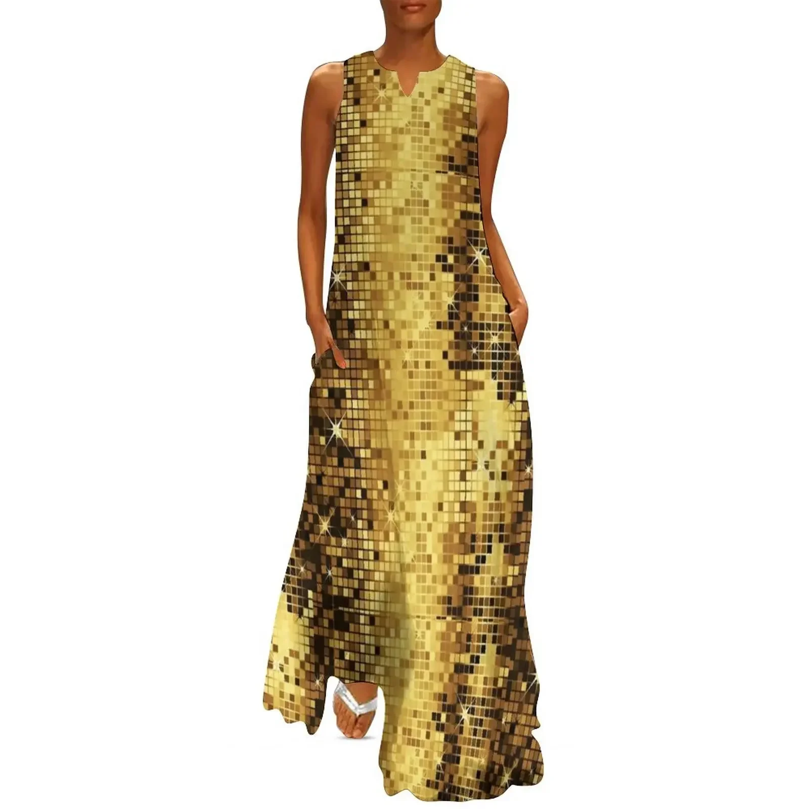

Image of Gold Yellow Tones Retro Glitter Disco-Ball Mirrors Pattern Long Dress Casual dresses Dress