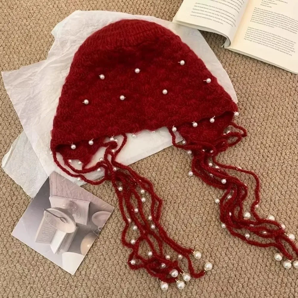 Elegant Hollow Out Knitted Pullover Hat Stretchable Pearl Tassel Fringed Beanie Cap Winter Warm Pendant Headband Hat for Women