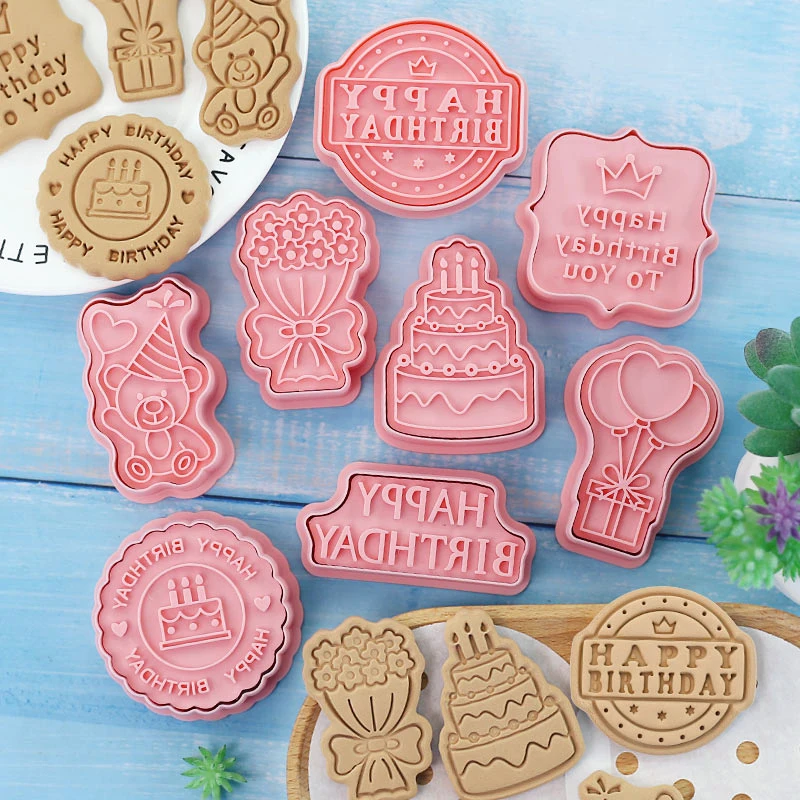 8Pcs Cookies Cutters for Happy Birthday Plastic Cartoon Pressable Biscuit Mold Confectionery Cookie Stamp Baking Pastry Tools