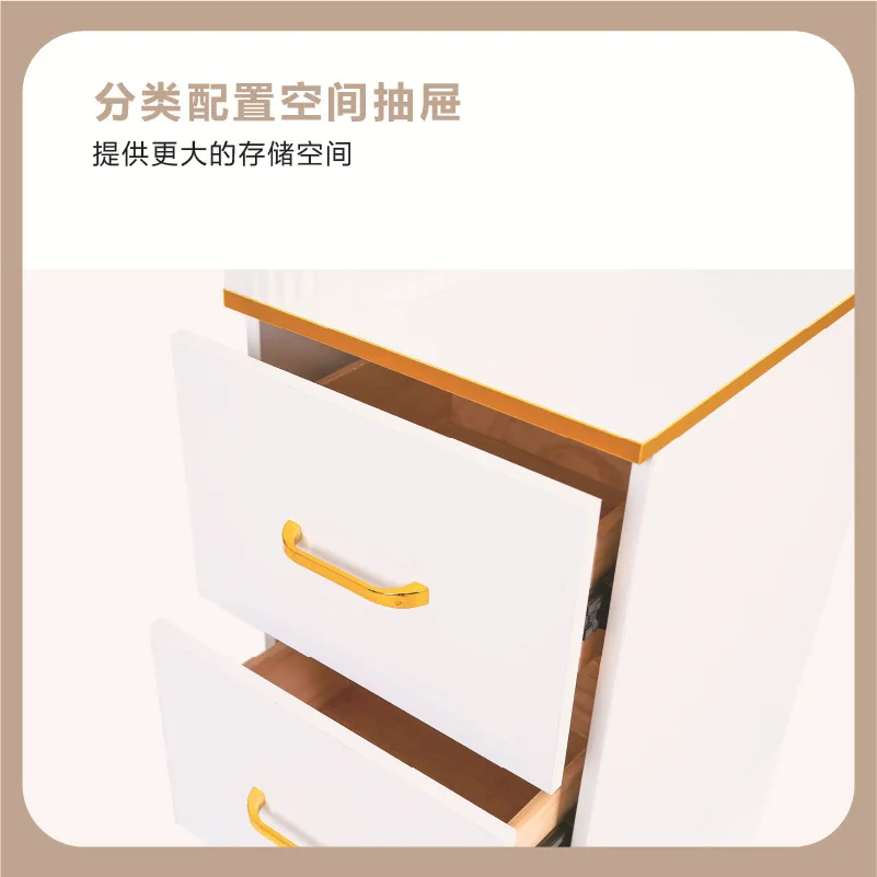 5-Piece white manicure table, double drawer, brown glass countertop