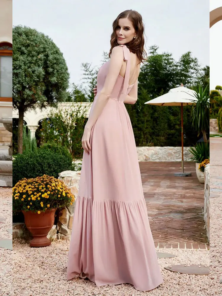 Square Neckline Ruched Chiffon Dress Sleeveless Long Bridesmaid Dress