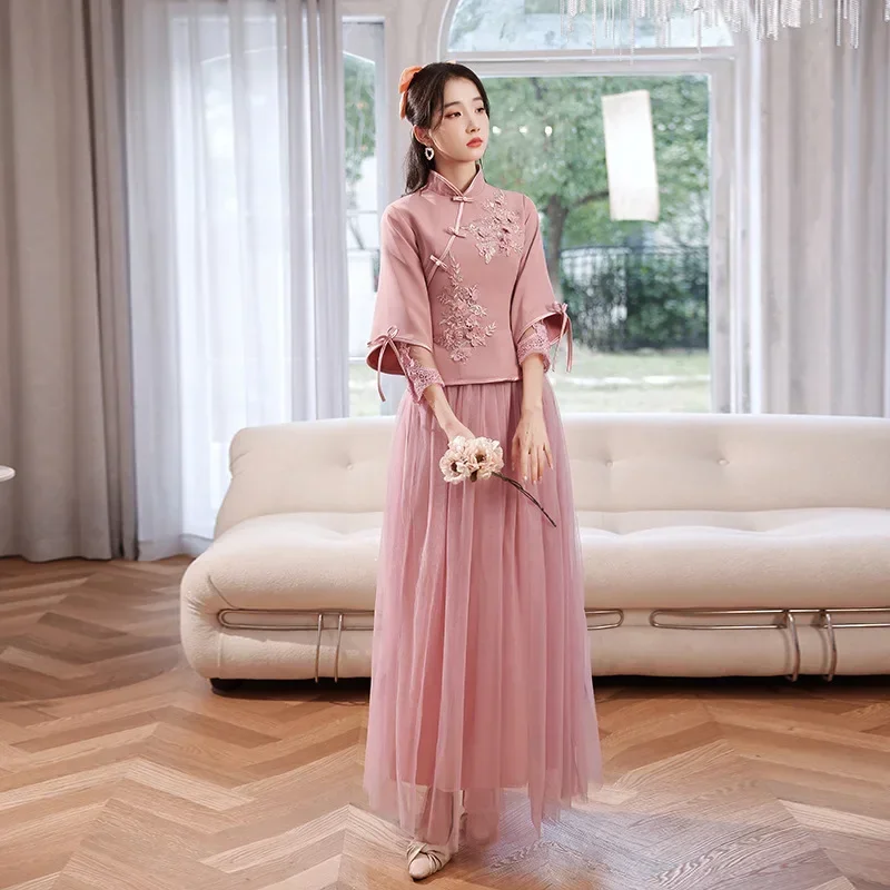 Chinese Wedding Dresses Qipao Traditional Bridesmaid Elegant Khaki Pink Cheongsam Modern Three Quarter Sleeves Outfits for Girls