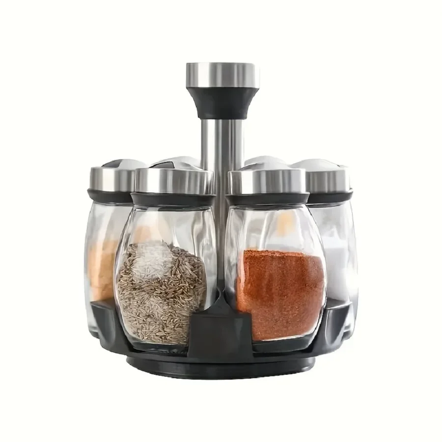Rotating Spice Rack with 6 Glass Jars, 360° Revolving Organizer for Kitchen Countertop, Airtight Containers with Steel Lids