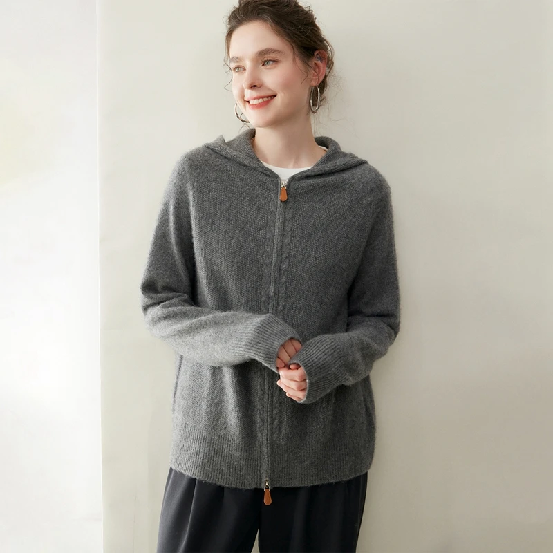 New 100% Cashmere Cardigan Sweater Women's Zippers Thick Autumn Winter Raglan Sleeve Simple Knitwear Grace Cashmere Clothing Top