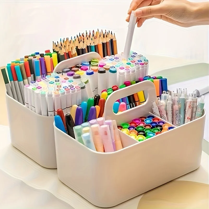 One All-in-One Storage Basket with Handle, Pencil Stationery Box, Desktop Organizer Organization Box with 5 Compartments