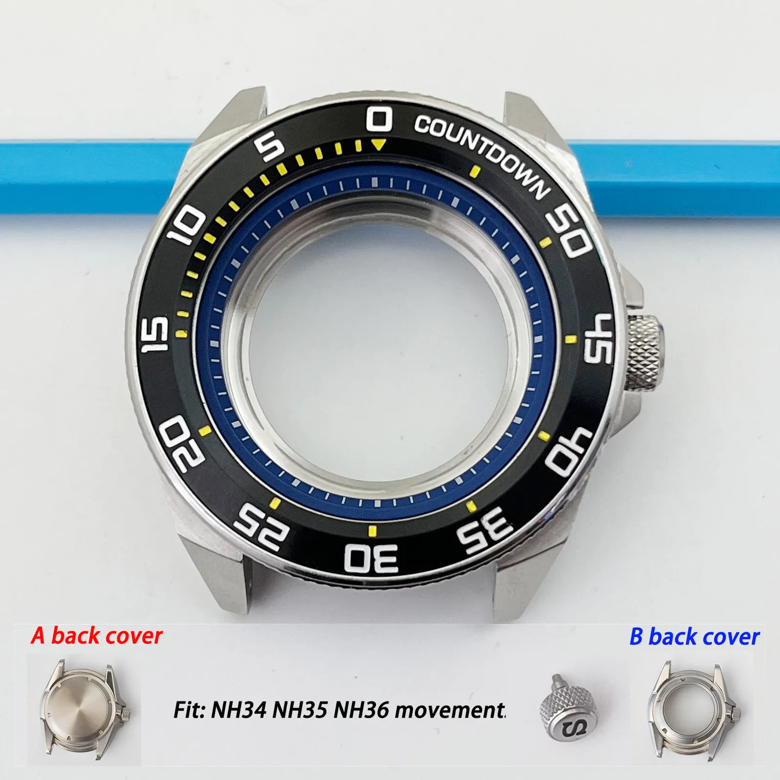 Mod Silver 44MM NH35 Custodia Samurai Cassa in vetro zaffiro Inserto in acciaio inossidabile Cinturino solido adatto per cassa dell'orologio con quadrante da 28,5 mm