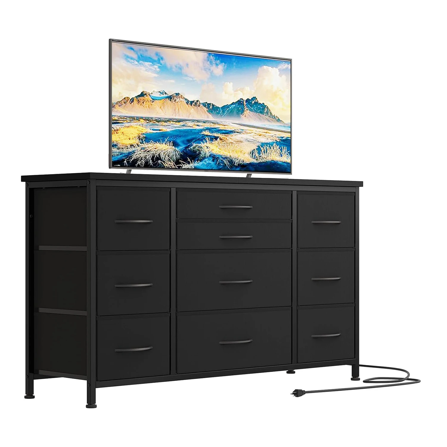 TV-Ständer Kommode für Schlafzimmer mit Ladestation 10 Stoffschubladen Rustikaler TV-Ständer Medienkonsole für Fernseher bis zu 55 Zoll – Detail 10