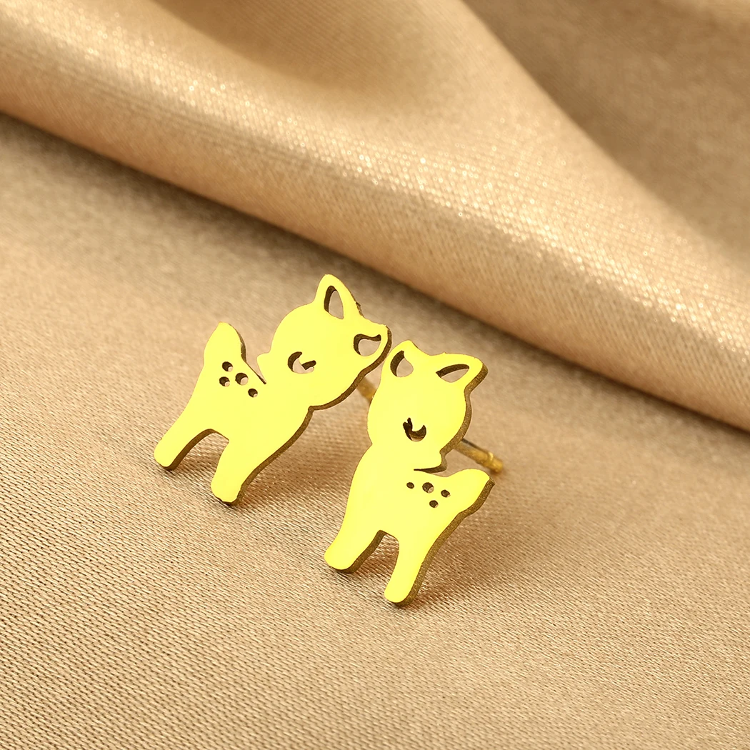 QIMING Bambi Baby Deer Stud Earrings For Girls Women Cute Jewelry Stainless Steel Children Animal Earrings