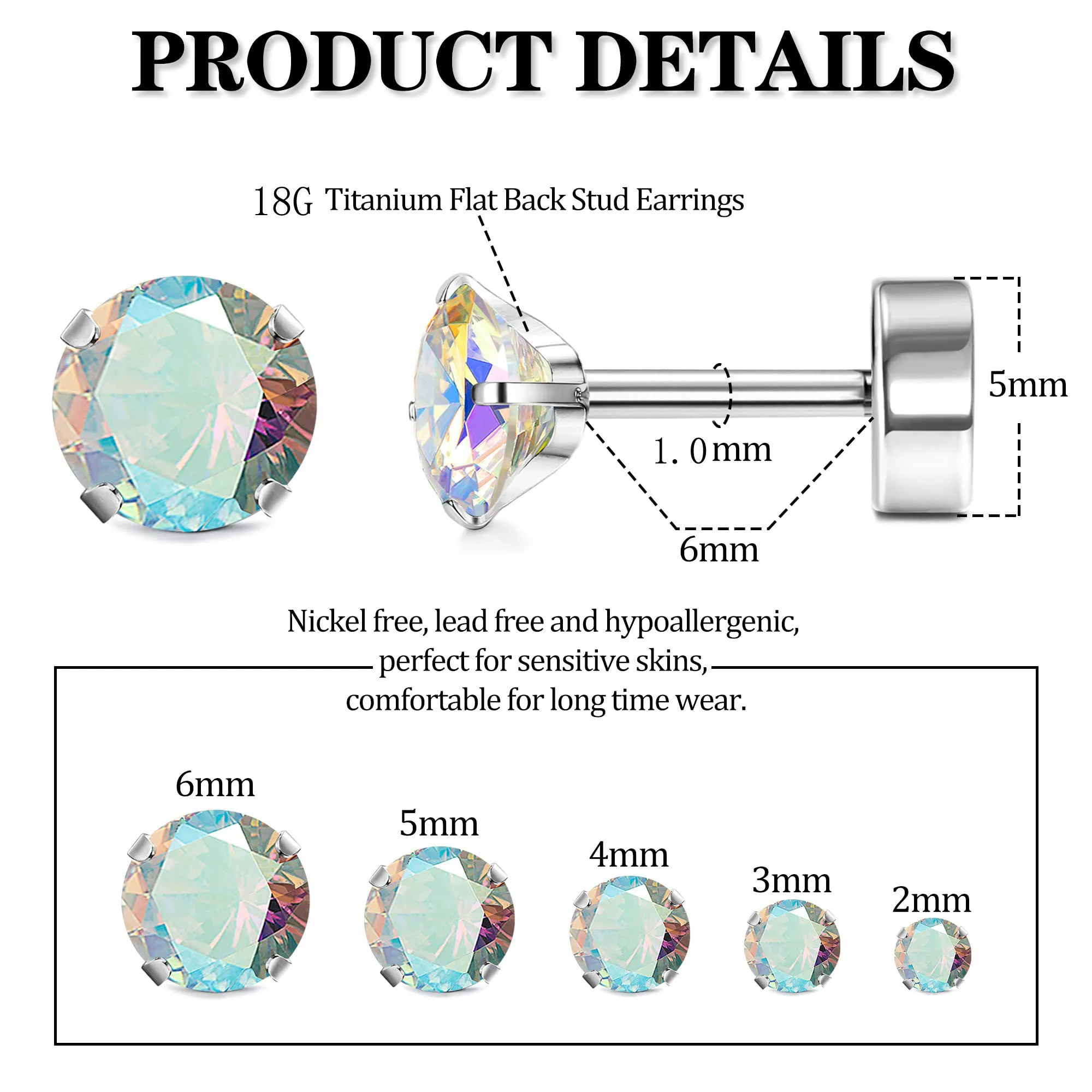 1 Pair 18G Hypoallergenic Titanium Stainless Steel Cubic Zirconia Flat Screw Back Cartilage Stud Earrings Set For Men Women