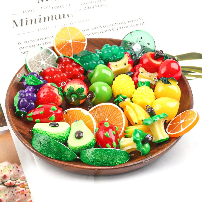 New Colorful Kawaii Simulation Fruit Shape Resin Necklace Penant Charms Apple Banana Orange Strawberry Grape Dragonfruit 40pcs