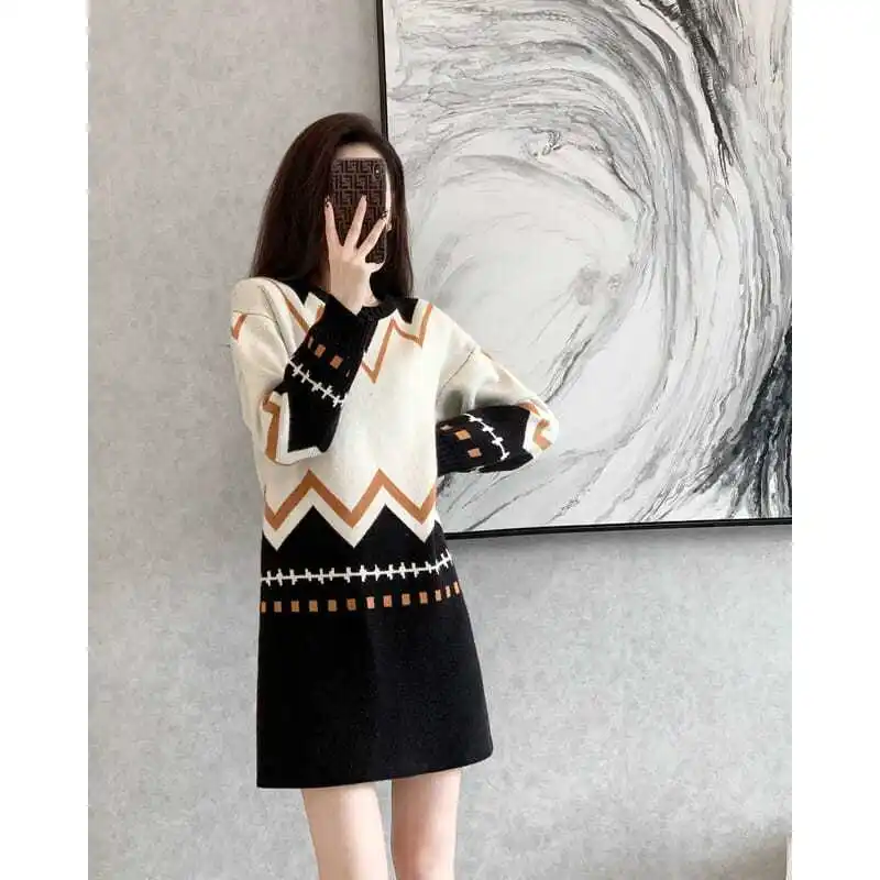 2024 Autumn Winter New All-match Temperament Knitting Sweater Dresses Interior Lapping Vintage Dress Ladies Loose Casual Dresses