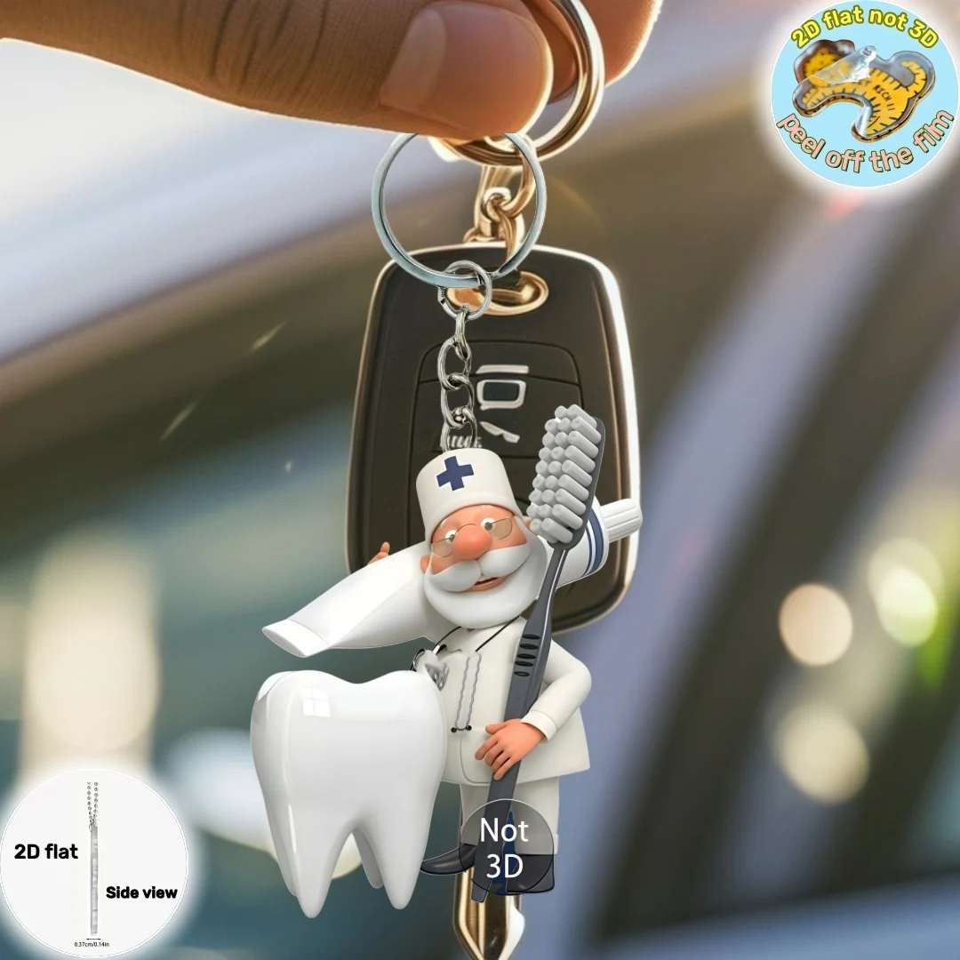 2D Cartoon Dentist Keychain Cute Dental Theme Pendant Flat Acrylic Ornament Charms Hanging Decoration for Bag Festive Party Gift