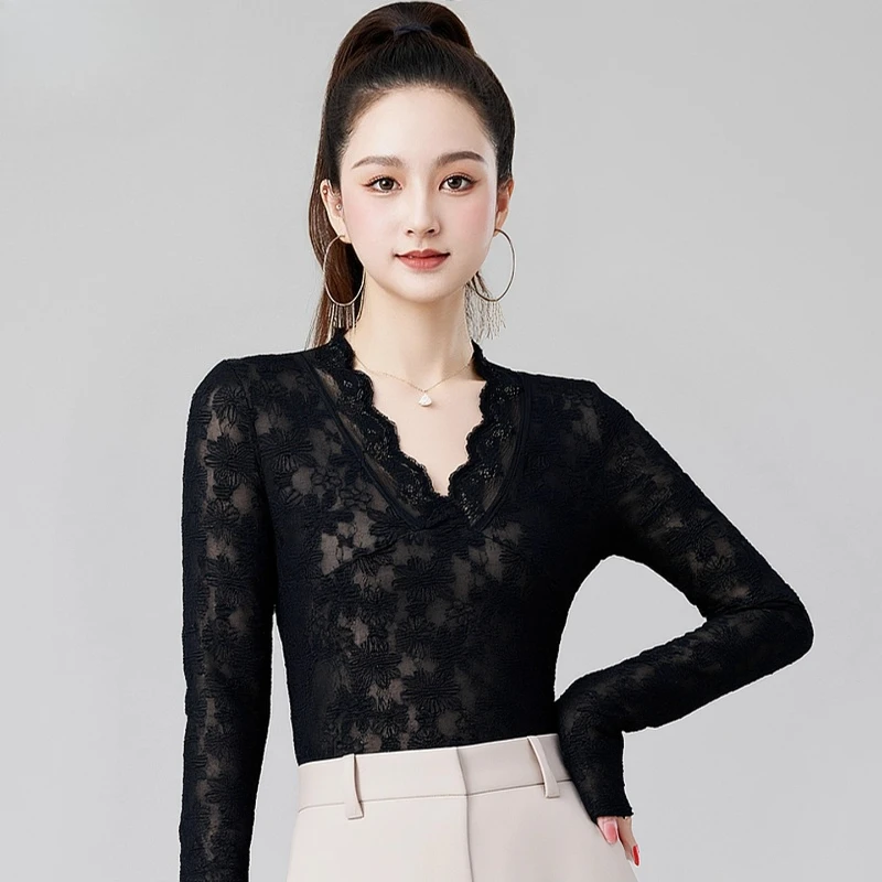 新しい冬ラテンダンス練習着女性用長袖トップレース-v-ネック国際標準社交ダンス衣装