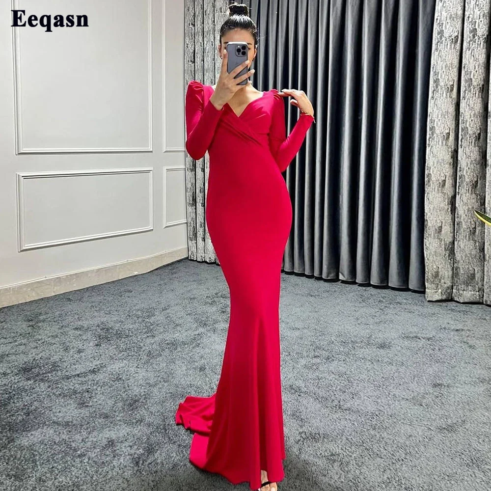 

Eeqasn Red Mermaid Evening Dresses Matte Satin Long Sleeves Women Prom Gowns Open Back Tassel Formal Wedding Party Dress 2022