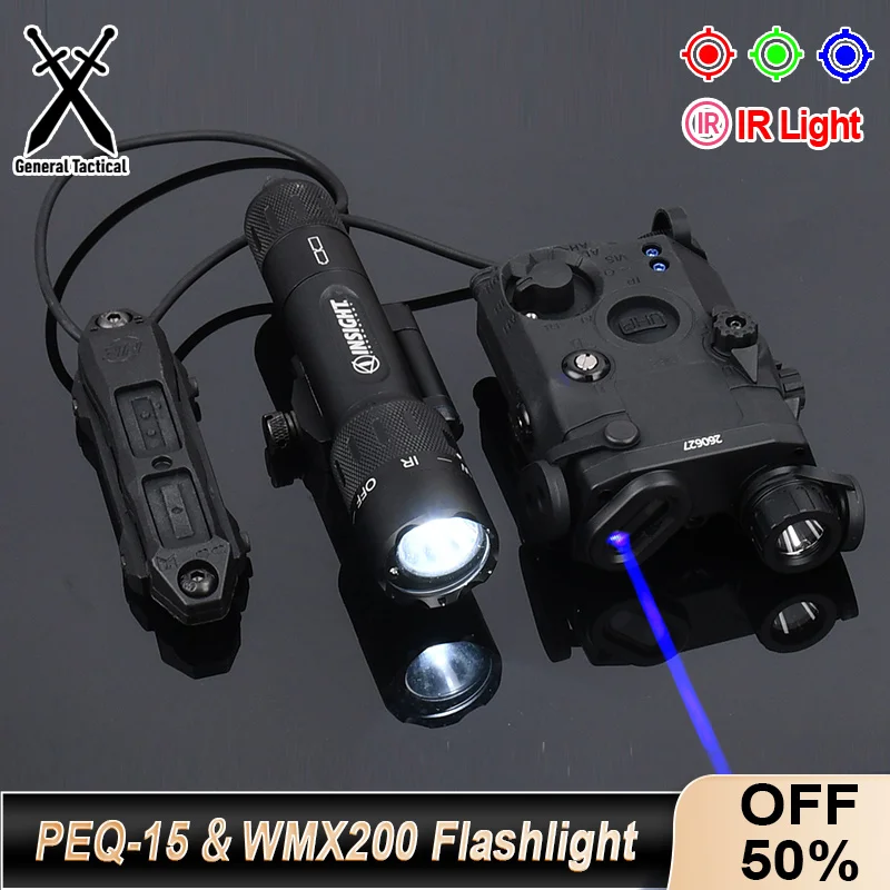 

Tactical Airsoft WMX200 Metal Flashlight PEQ 15 Red Dot Green Blue IR LED Light Laser Sets For Hunting Weapon Outdoor Torch