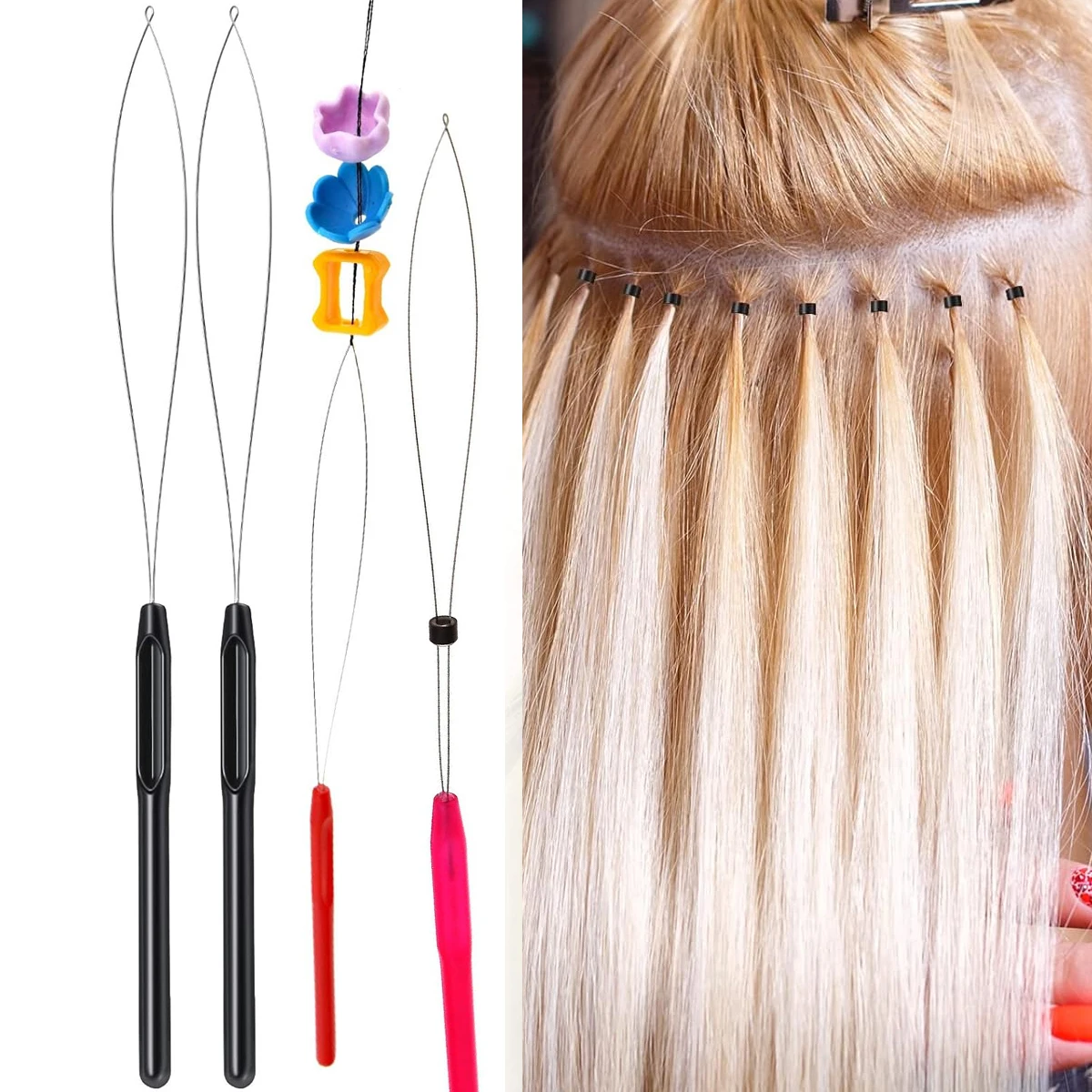 

5Pcs Random Color Hair Extensions Tools Loop Needle Pulling Hook Tool Needle Threader Loop Tool for Silicone Microlink Beads