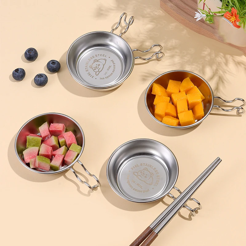 Durable Cartoon Cute Bear Cat Pattern Dish Bowl With Handle Hangable Seasoning Dish Stainless Steel Mini Dipping Sauce Dishes