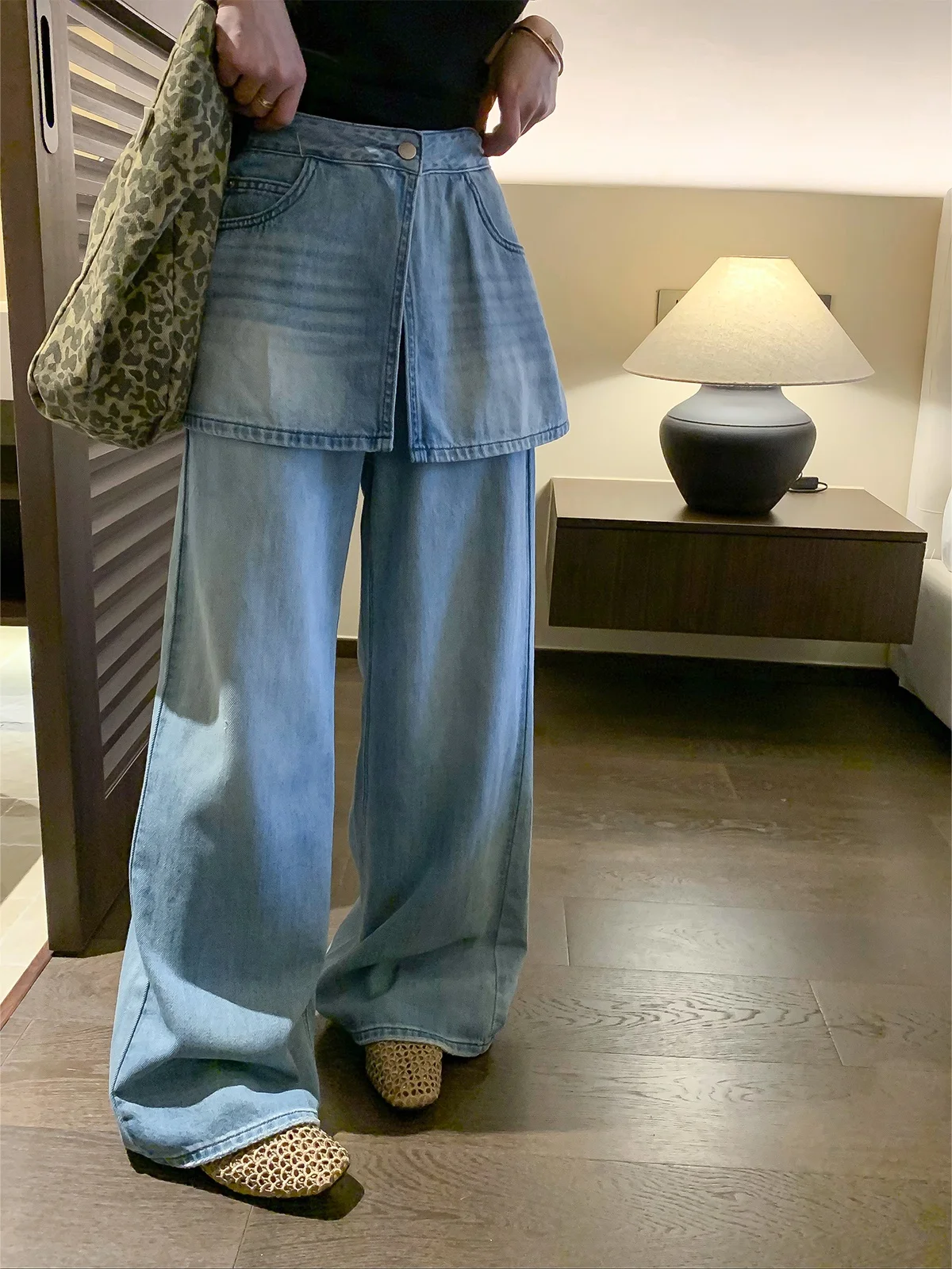 

Love Devil Fish Loose Women's Blue Jeans High Waist Wide Leg Pants Spring Summer New Style Washed Denim Curtain Pants