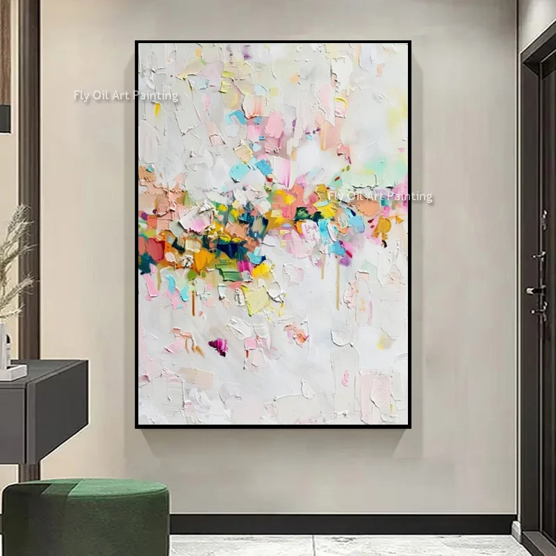 Large White Abstract Knife Thick Oil Painting New Original Artwork Decor For Living Room Hand Painted Blue Black Color Messy Art