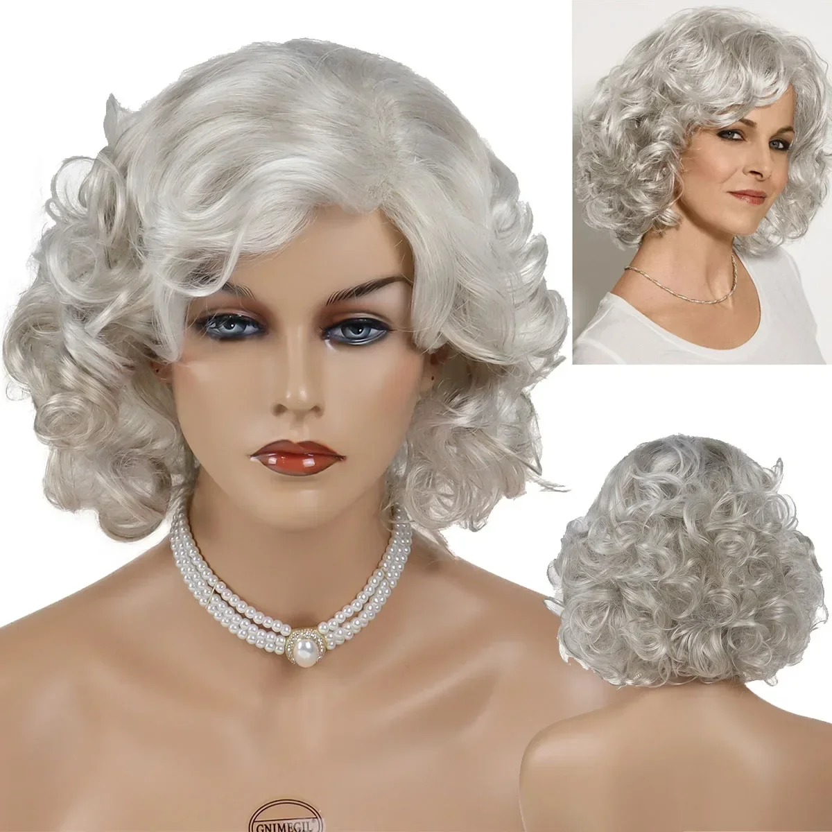 GNIMEGIL Synthetic Short Curly Hair Grey White Elderly Wig for Women Mommy Wig with Bangs Cosplay Costume Party Grandma Gift Wig