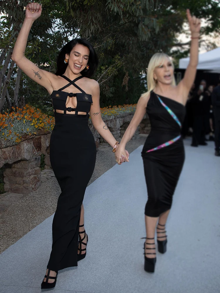 VC-vestido largo Bandage negro para mujer, vestido Sexy ajustado con cuello en V cruzado sin mangas, vestido de fiesta de celebridades calado