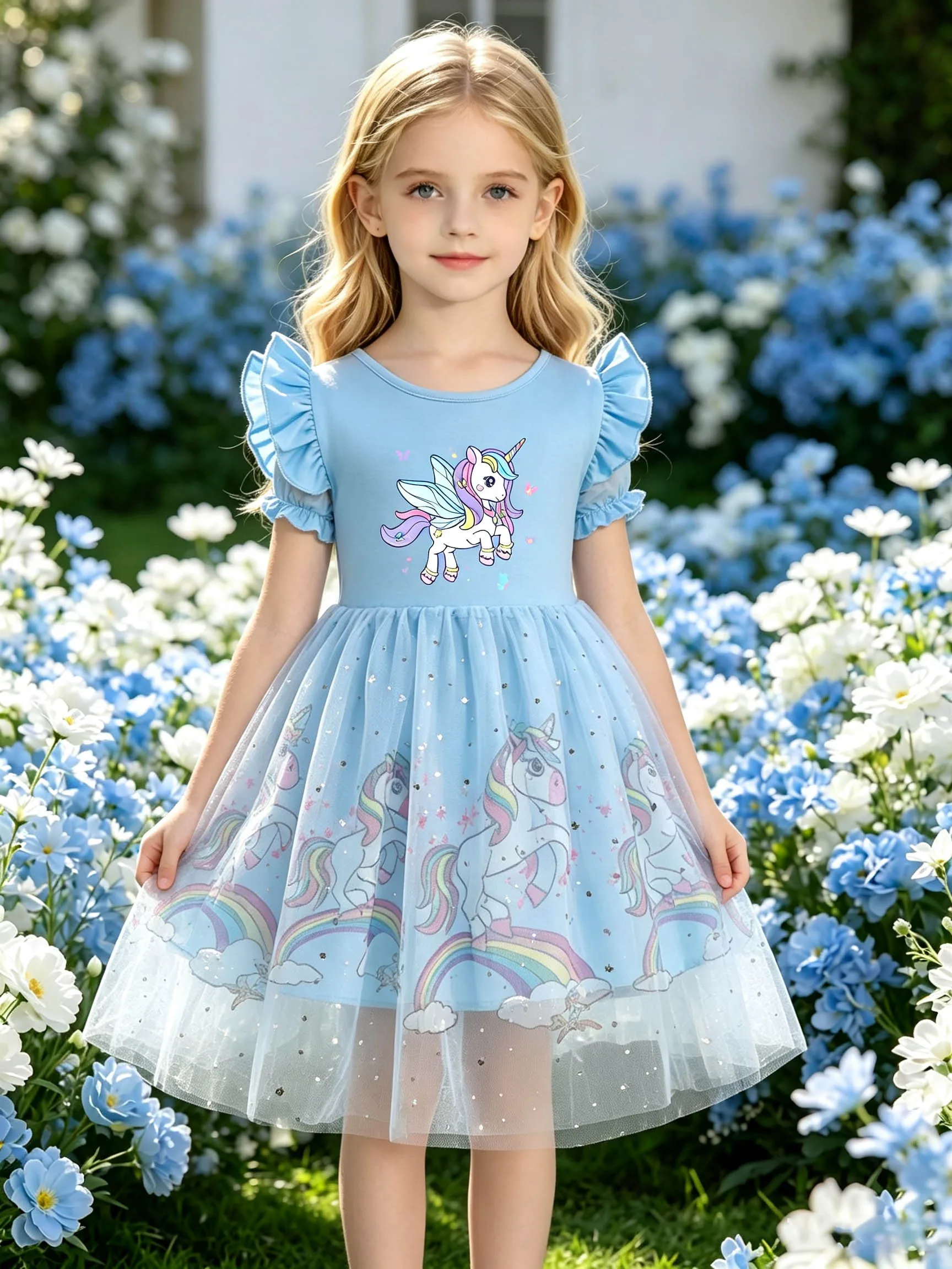 Little Girls' Light Blue Dress with Flutter Cap Sleeves, Printed Winged Pegasus Unicorn, Star Sequins & All-Over Rainbow Printed