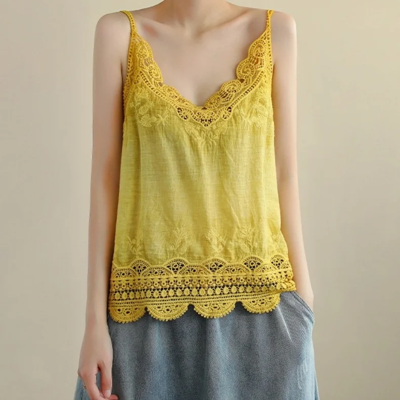 Puloru-Tops de lino y algodón con bordado de flores ahuecadas para mujer, camisola informal con tirantes finos y cuello en V, ropa de calle holgada