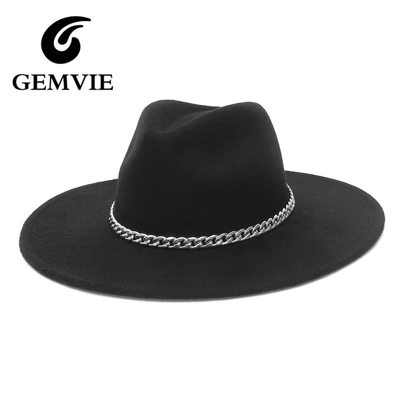 GEMVIE Classic Large Brim Fedora Hat Autumn Winter Women Men Felt Church Hats with Chain Sombrero Caps