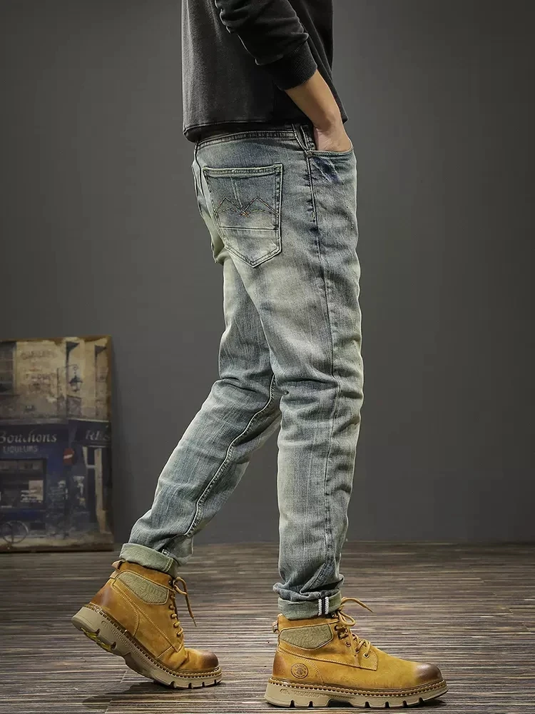 Italian Style Fashion Men Jeans Retro Stretch Slim Fit Ripped Jeans Men Elastic Trousers Vintage Designer Denim Pants Hombre