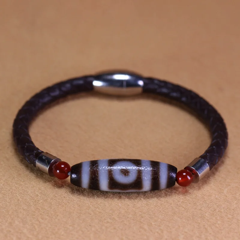 5A Grade, Genuine Tibetan Natural Stone Agate, Black And White Scale Pattern, Three-Eyed Dzi Bead, Magnetic Leather C