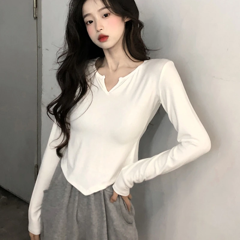 Women Long Sleeve T Shirt Spring Autumn Y2k Crop Top Casual Slim Fit Pullovers Korean V-Neck Top Streetwear Female Basic Tees
