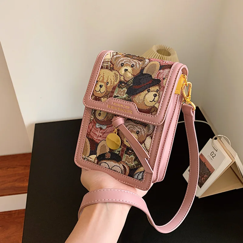 

2025 New Women's Simple Fashion Bag - Cute Bear Print, Embroidered Shoulder Messenger Phone Bag